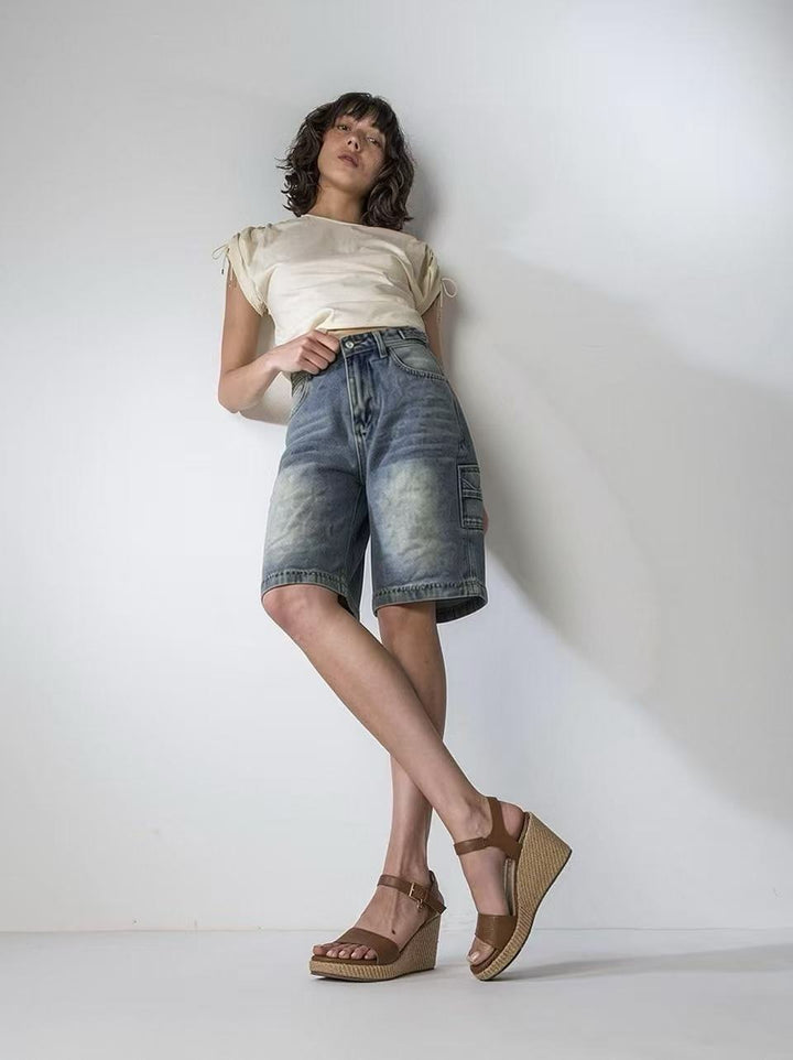 Damen lässige Denim-Shorts mit hohem Bund und weitem Schnitt Drune