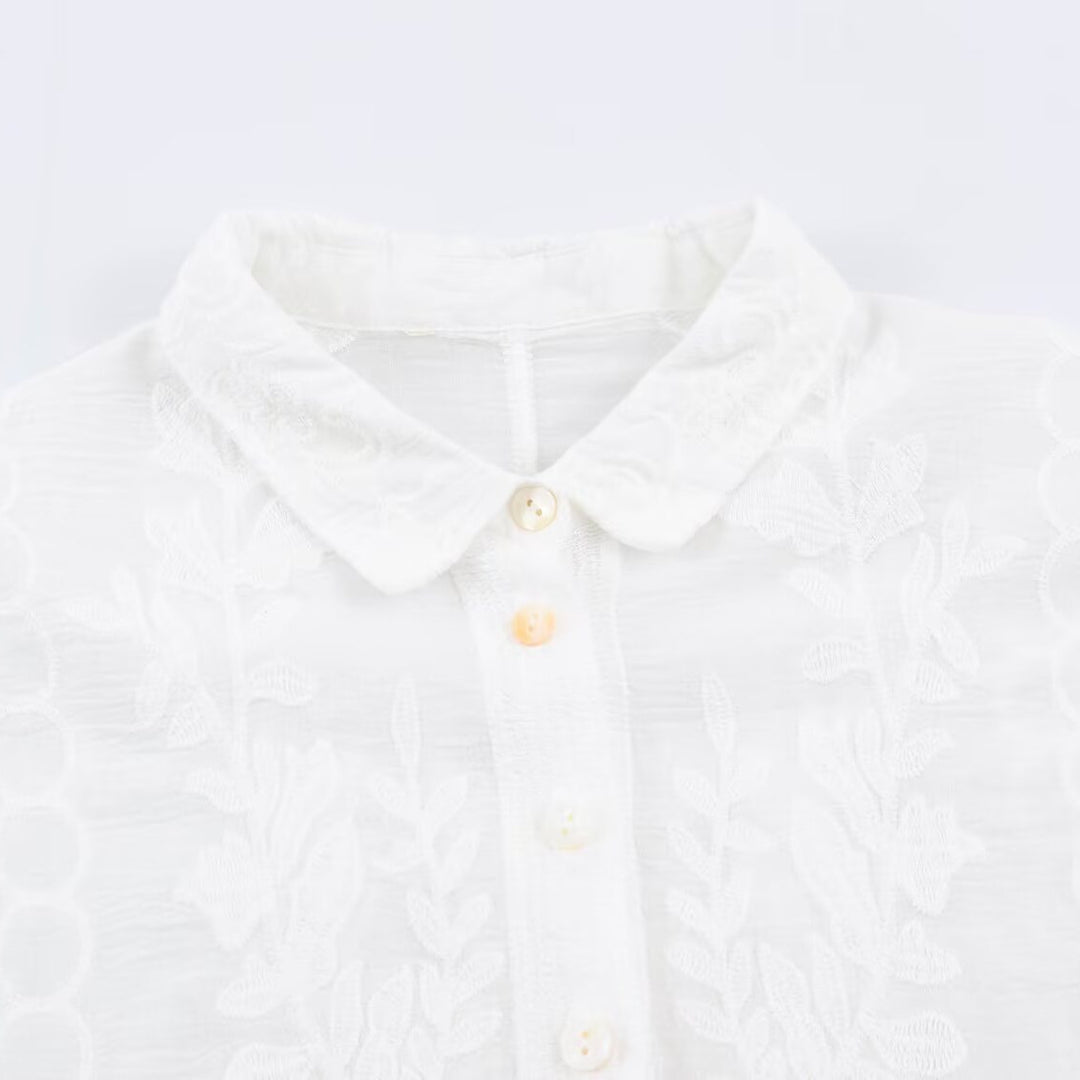Damen Bestickte Baumwollbluse mit Lochstickerei und dreiviertelärmeln Drune