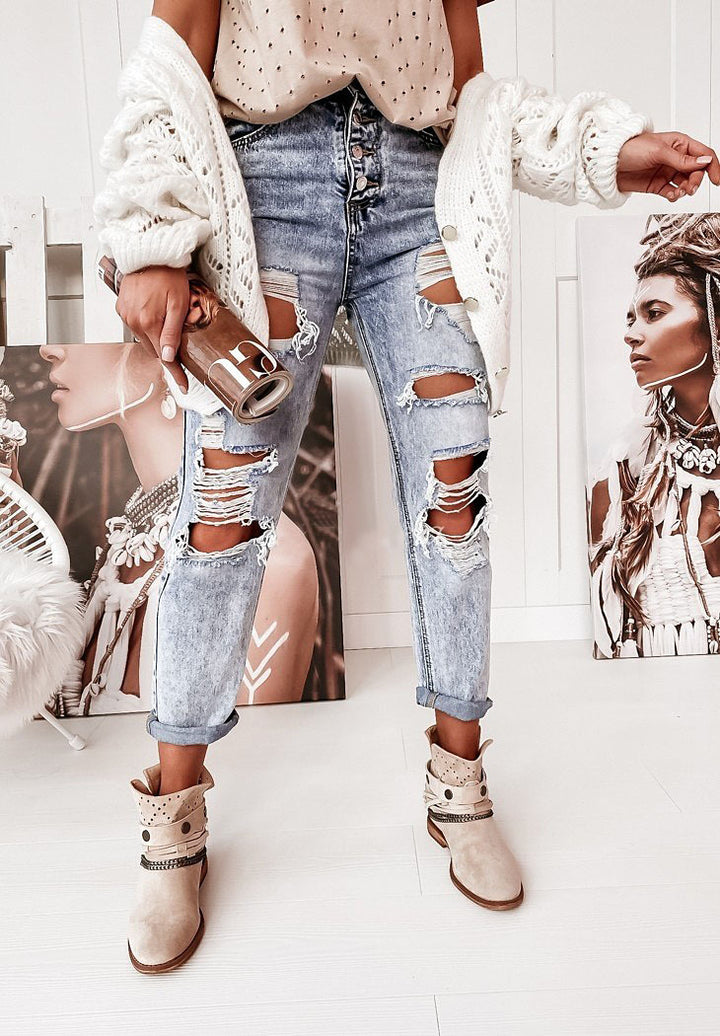 Damen Destroyed Boyfriend Jeans im lässigen Vintage-Stil mit hohem Bund Drune