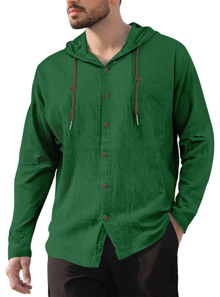Herren nan Kapuzenhemd im Leinen-Look mit durchgehender Knopfleiste und Kordelzug Drune