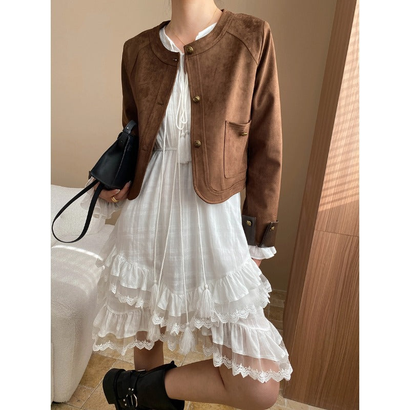 Damen elegante Wildlederjacke mit knopffreier Front und subtilen Taschen Drune