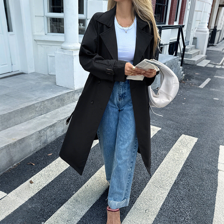 Damen nan klassischer Trenchcoat mit Doppelreihe, Taillengürtel, verstellbaren Manschetten und geraden Knopfleiste Drune