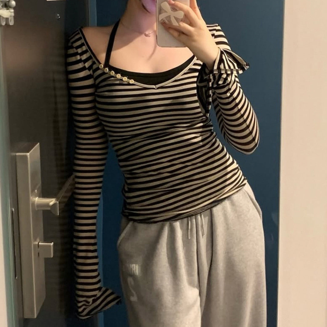Damen nan gestreiftes Off-Shoulder-Langarmshirt mit diagonaler Zierknopfleiste und figurbetonter Silhouette Drune