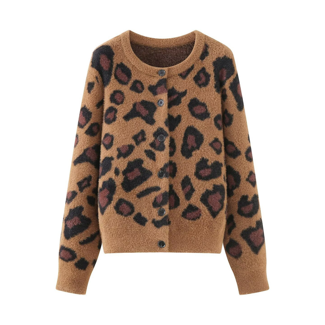 Damen Flauschige Strickjacke im Leoprint mit Rundhals und Knopfleiste Drune