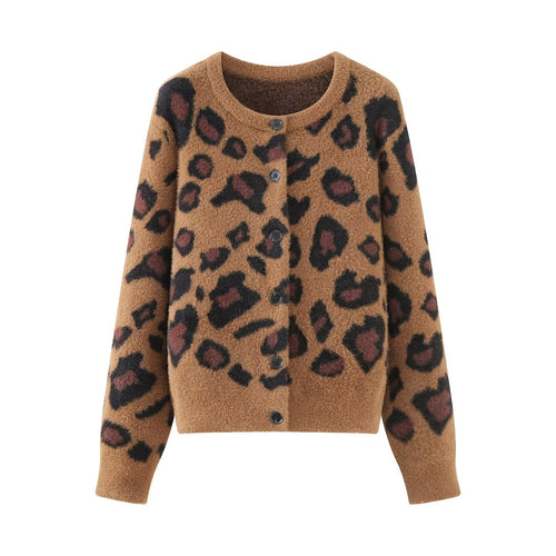 Damen Flauschige Strickjacke im Leoprint mit Rundhals und Knopfleiste Drune
