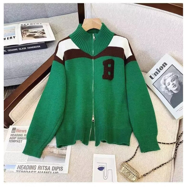 Damen Sportlicher Stehkragen-Strickpullover mit Reißverschluss und kontrastierenden Details Drune