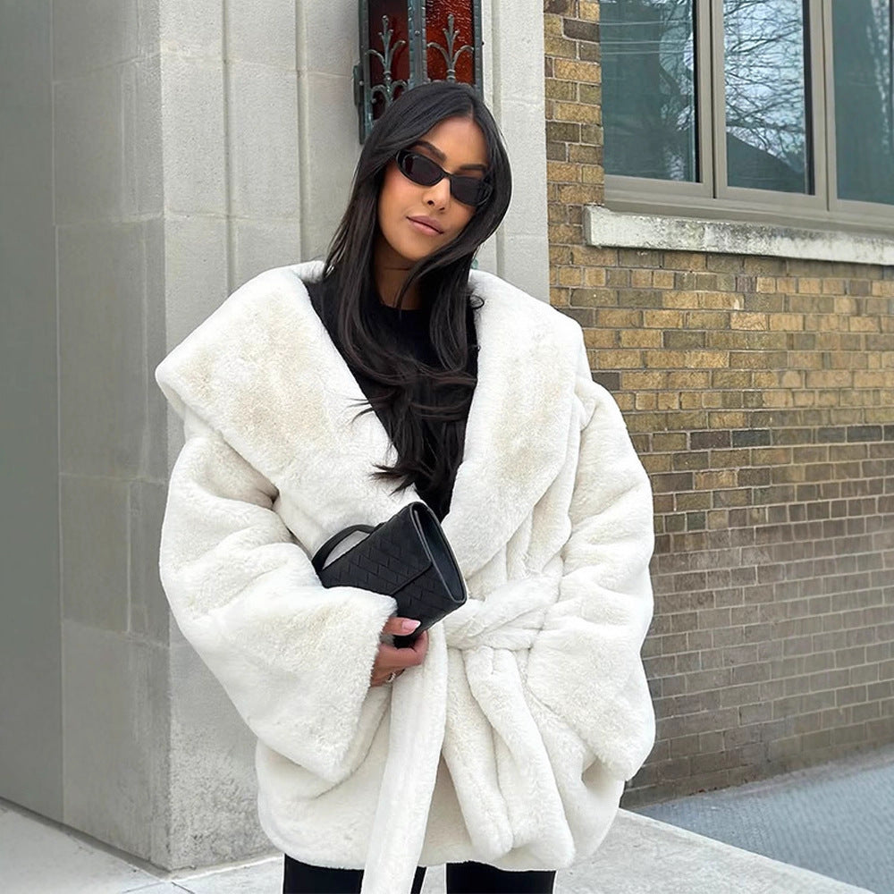 Damen Oversize Teddy-Mantel mit extragroßem Schalkragen und Wickelgürtel Drune
