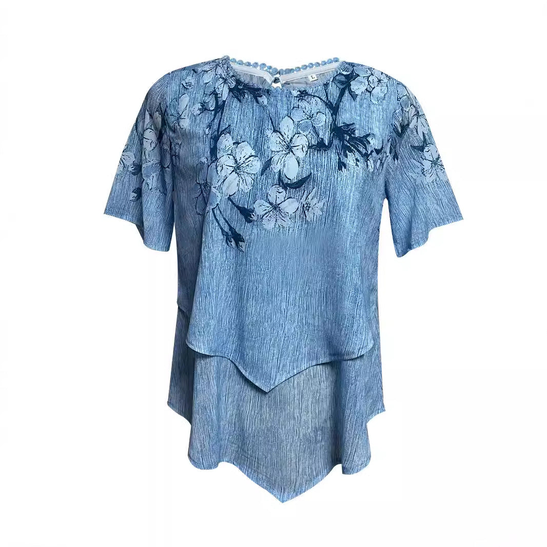 Damen nan zweilagiges Blusenkleid mit asymmetrischem Stufensaum, floraler Druckpasse und Flügelärmeln Drune