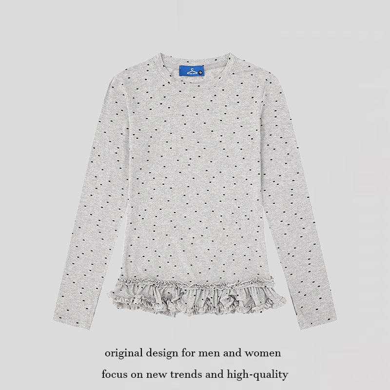 Damen Langarmshirt mit Rüschen-Saum und Pünktchen-Allover Drune
