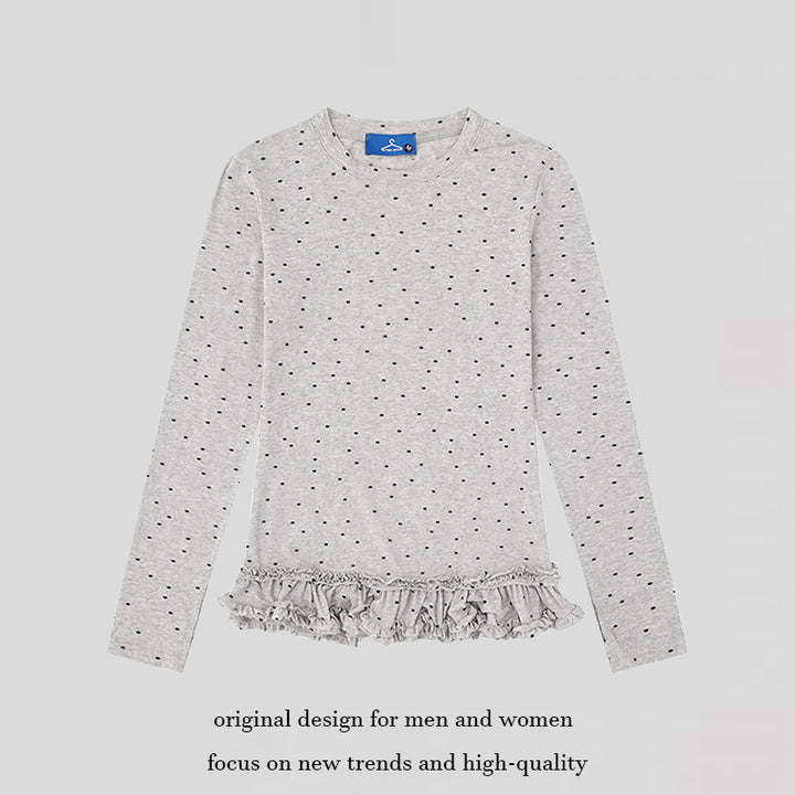 Damen Langarmshirt mit Rüschen-Saum und Pünktchen-Allover Drune