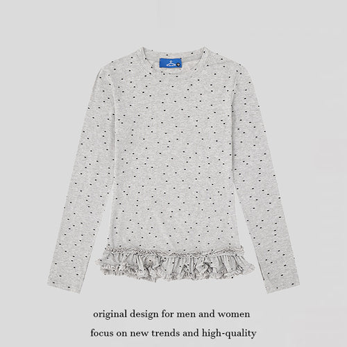 Damen Langarmshirt mit Rüschen-Saum und Pünktchen-Allover Drune