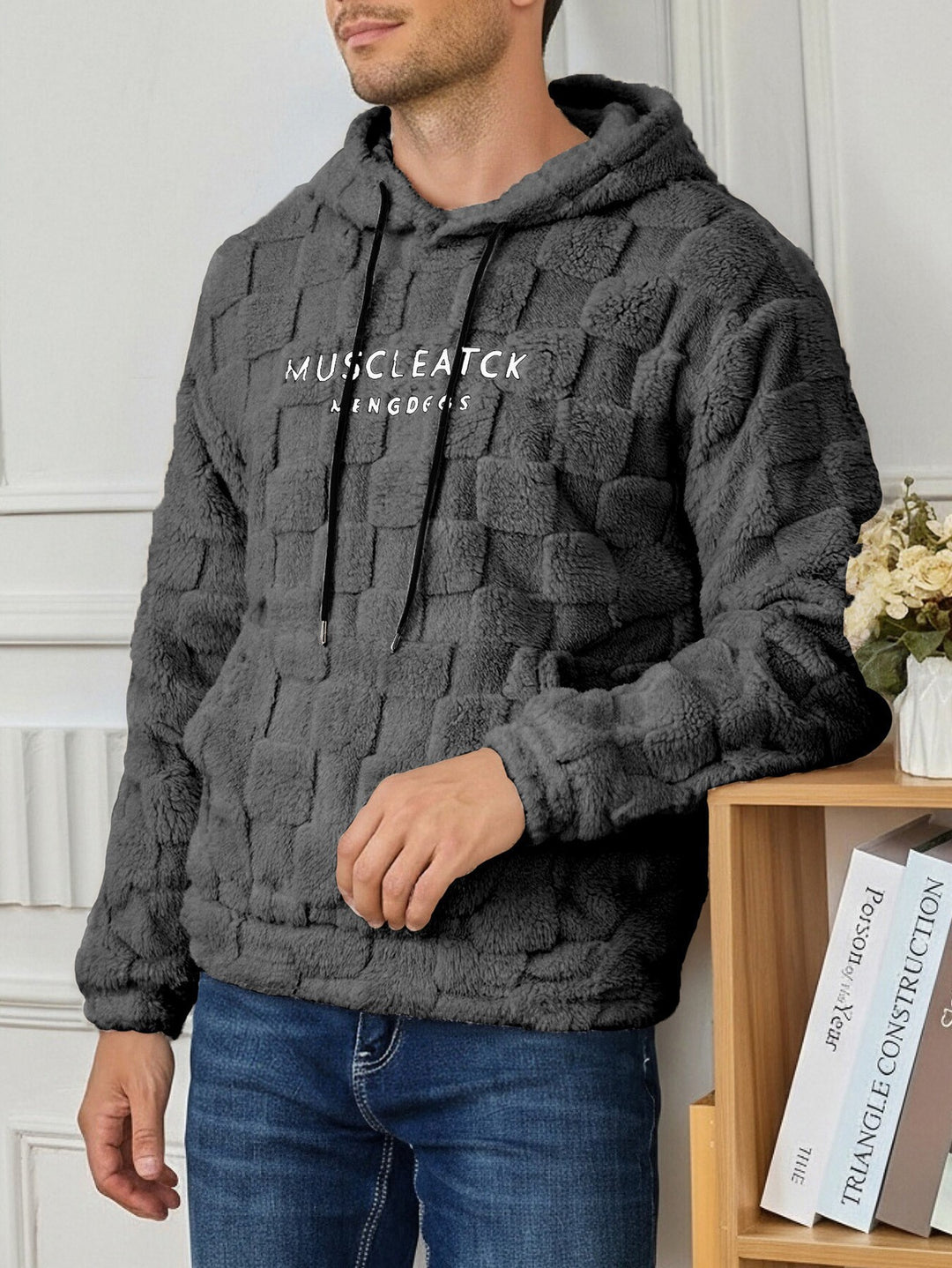 Herren flauschiger Sherpa-Hoodie mit Quadrat-Steppmuster, Kängurutasche und verstellbarer Kapuze Drune