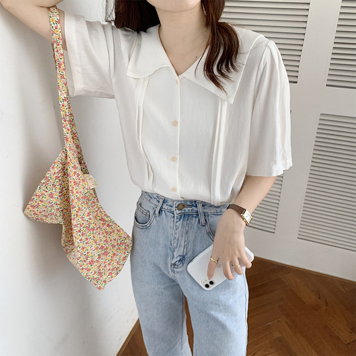 Damen Kurzarm Bluse mit elegantem Stehkragen und knöpfbarem Design Drune