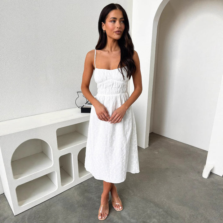 Damen Sommerliches Midi-Kleid mit verstellbaren Spaghettiträgern und Raffung Drune