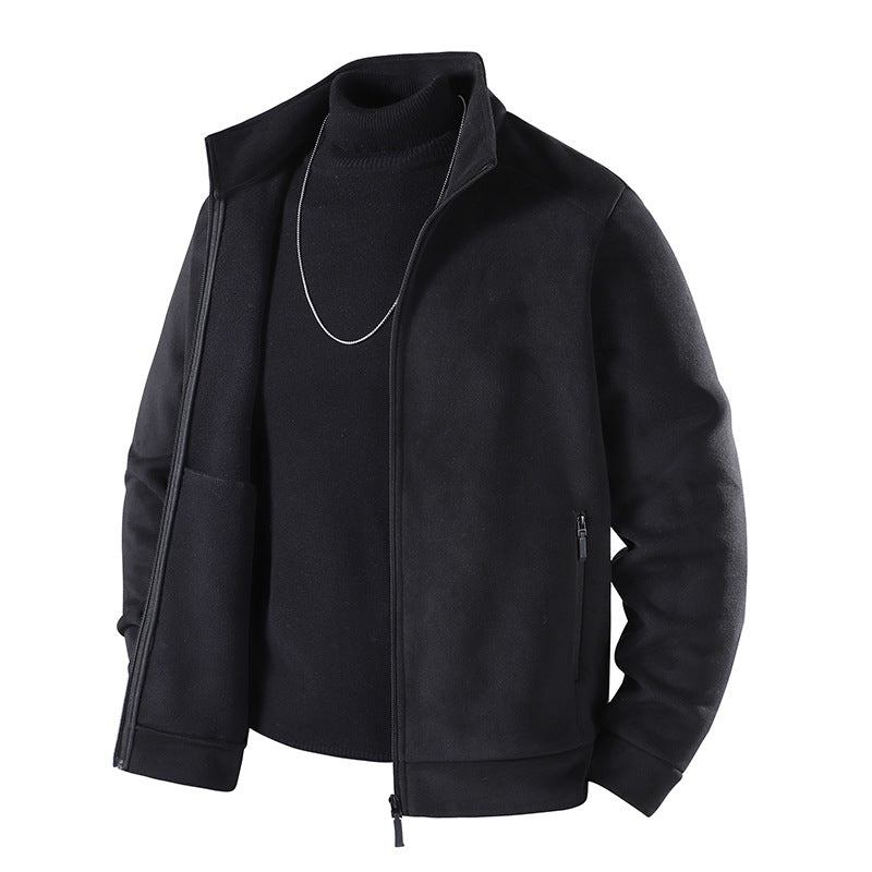 Herren Schlichte Velours-Optik Übergangsjacke mit hochschließendem Stehkragen, verdecktem Zwei-Wege-Reißverschluss & Zip-Taschen Drune