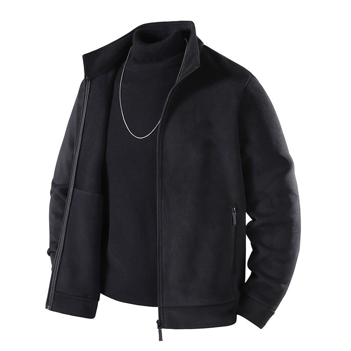 Herren Schlichte Velours-Optik Übergangsjacke mit hochschließendem Stehkragen, verdecktem Zwei-Wege-Reißverschluss & Zip-Taschen Drune