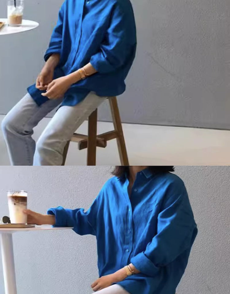Damen Casual-Leinenbluse mit strukturierter WDruneung, überschnittener Schulter und krempelbaren Ärmeln Drune
