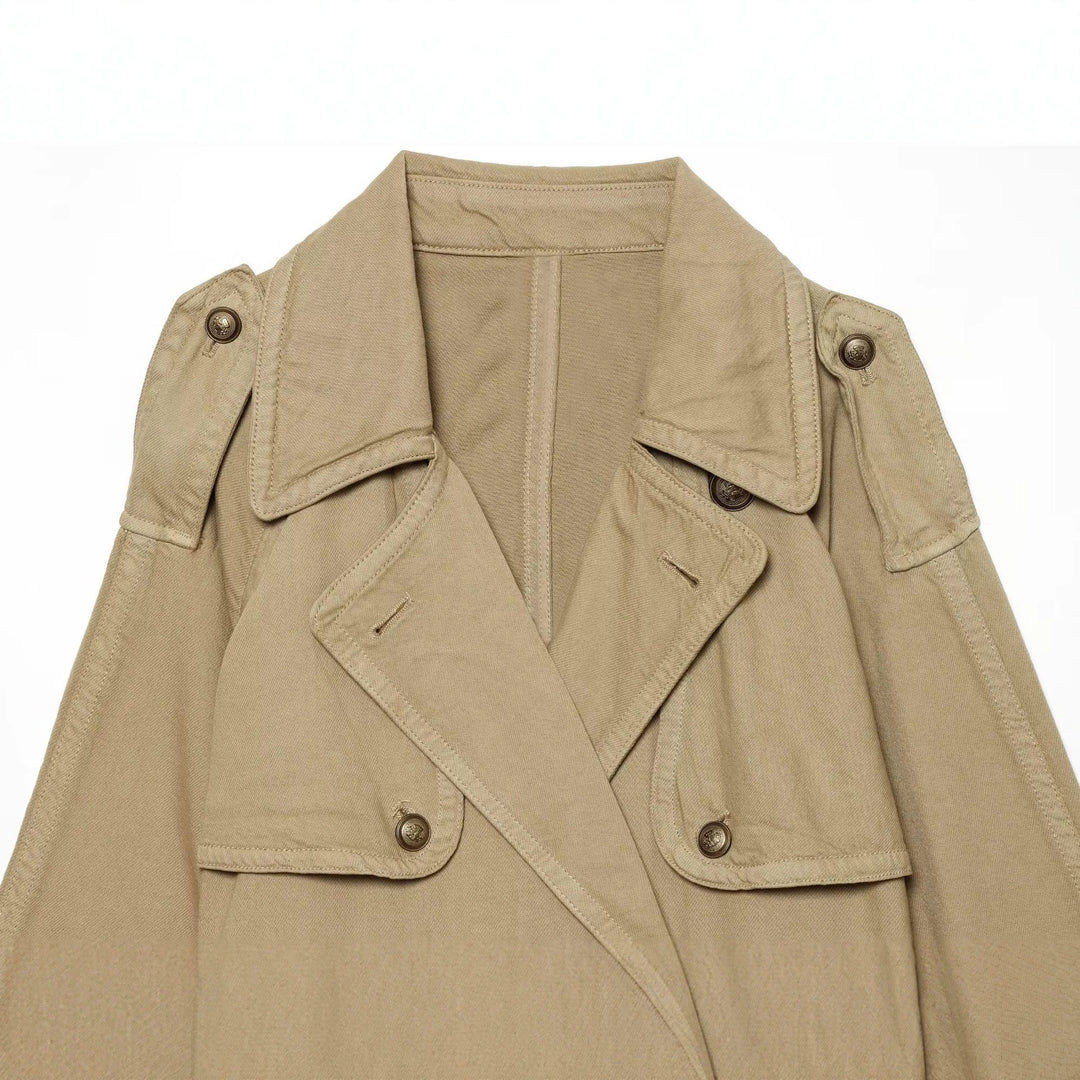 Damen Kurz geschnittene Trenchjacke mit Doppelknopfleiste, Schulterpatten und Taillengürtel Drune
