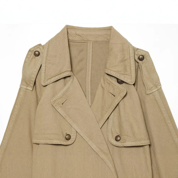 Damen Kurz geschnittene Trenchjacke mit Doppelknopfleiste, Schulterpatten und Taillengürtel Drune