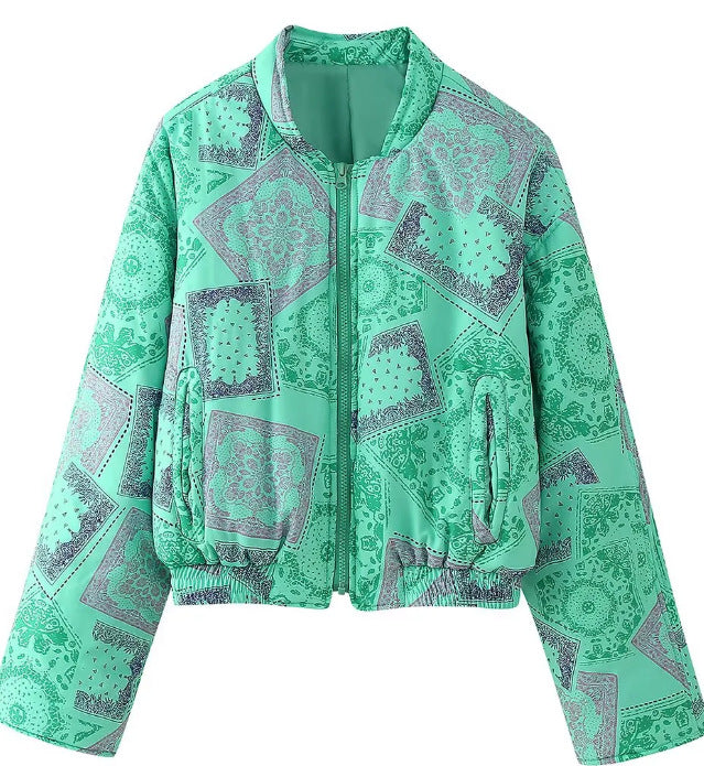 Damen Cropped Bomberjacke mit Bandana‑Print und gesteppter Optik Drune