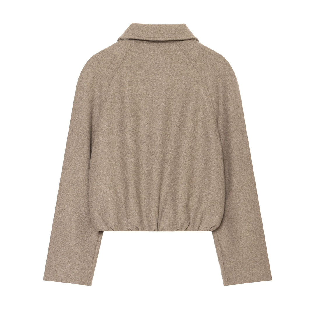 Damen nan kurze Wolljacke mit durchgehendem Reißverschluss, Umlegekragen und Kordelzugsaum Drune