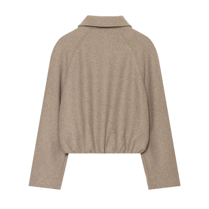 Damen nan kurze Wolljacke mit durchgehendem Reißverschluss, Umlegekragen und Kordelzugsaum Drune