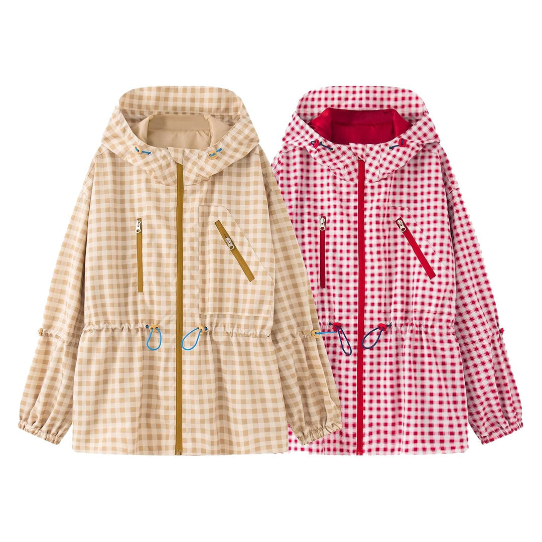 Damen Karo-Übergangsjacke mit Kapuze, Tunnelzug und wasserabweisender Beschichtung Drune