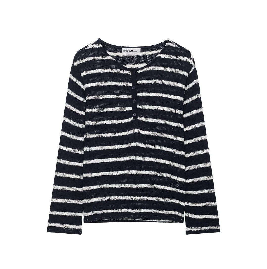 Damen Gestreifter Strick-Henleypullover mit Knopfleiste und Leichtstruktur Drune