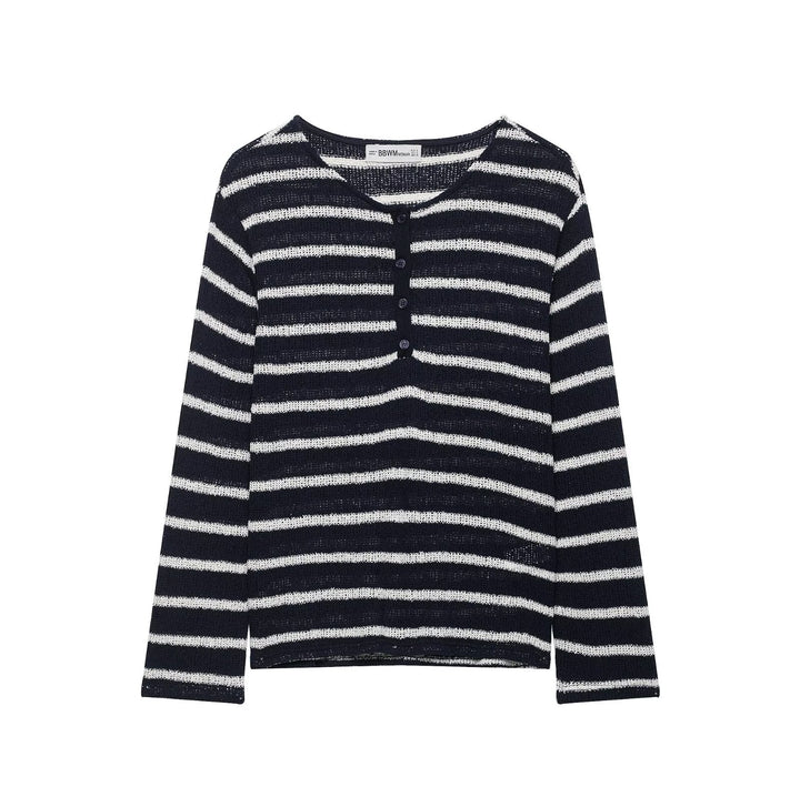 Damen Gestreifter Strick-Henleypullover mit Knopfleiste und Leichtstruktur Drune