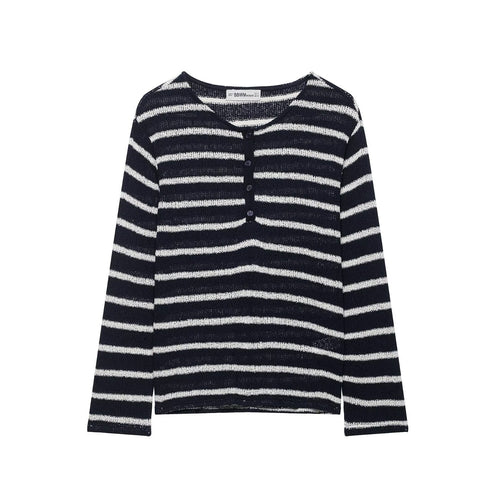 Damen Gestreifter Strick-Henleypullover mit Knopfleiste und Leichtstruktur Drune