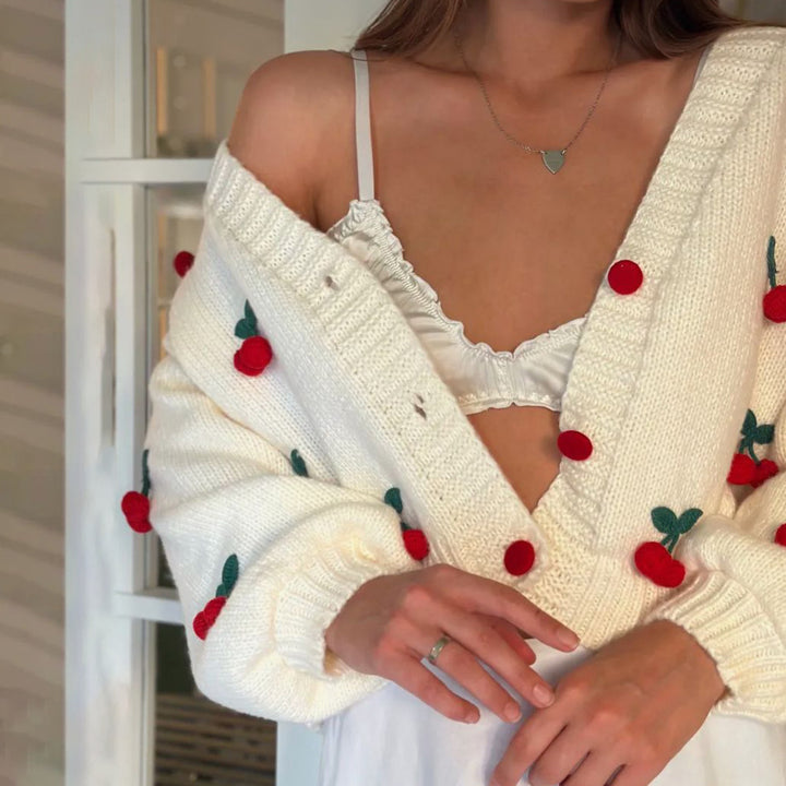 Damen Verspielter Strickcardigan mit Kirschapplikationen Drune