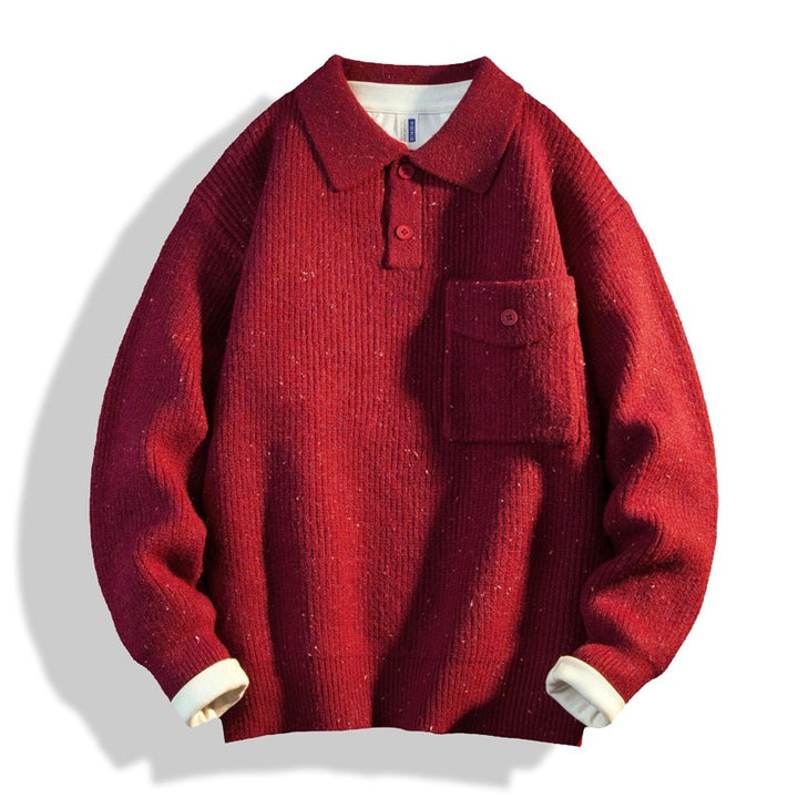 Herren Oversize-Strick-Polo mit Brusttasche & gerippter Struktur Drune