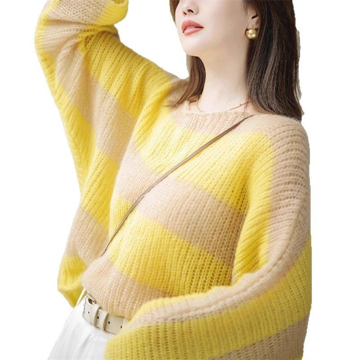 Damen lässiger grobstrick Pullover mit transparentem Muster Drune