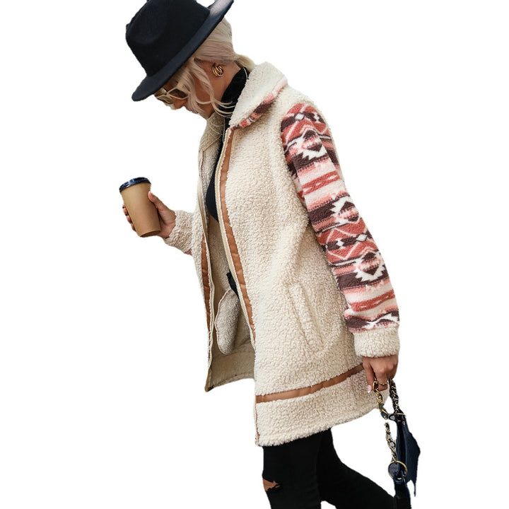 Damen Fleecefutter lange Jacke mit modischem Muster und praktisch integrierten Taschen Drune