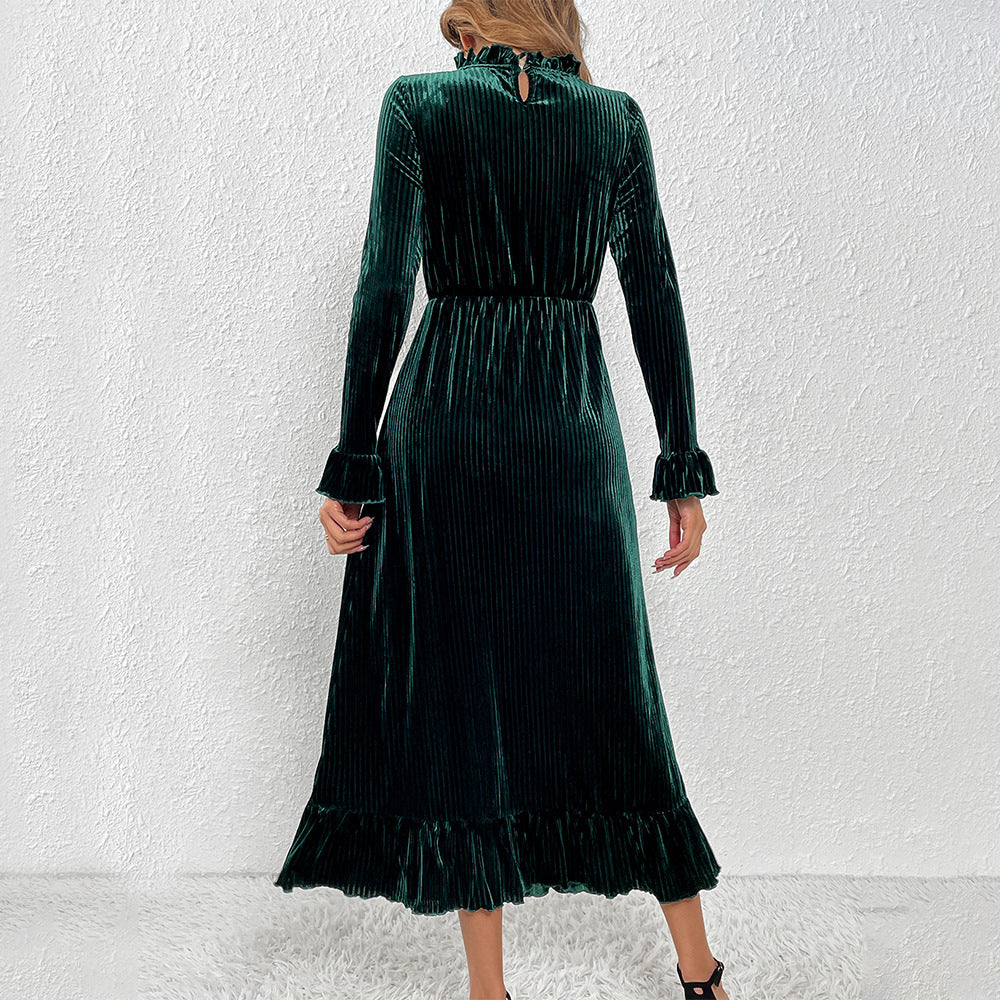 Damen Midikleid aus plissiertem Samt mit Stehkragen geraffter Taille und Volant-Saum Drune