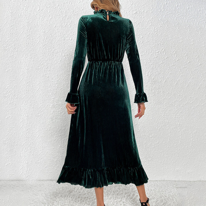 Damen Midikleid aus plissiertem Samt mit Stehkragen geraffter Taille und Volant-Saum Drune