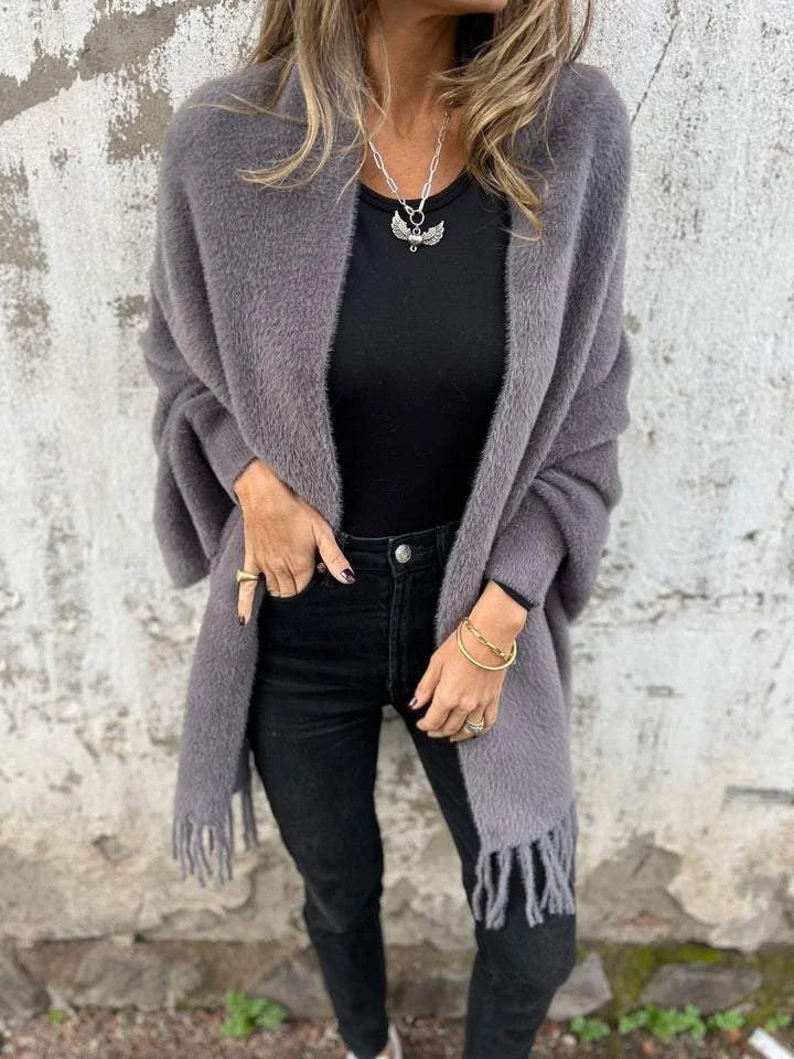 Damen Kuscheliger Strickponcho mit Fransen Drune