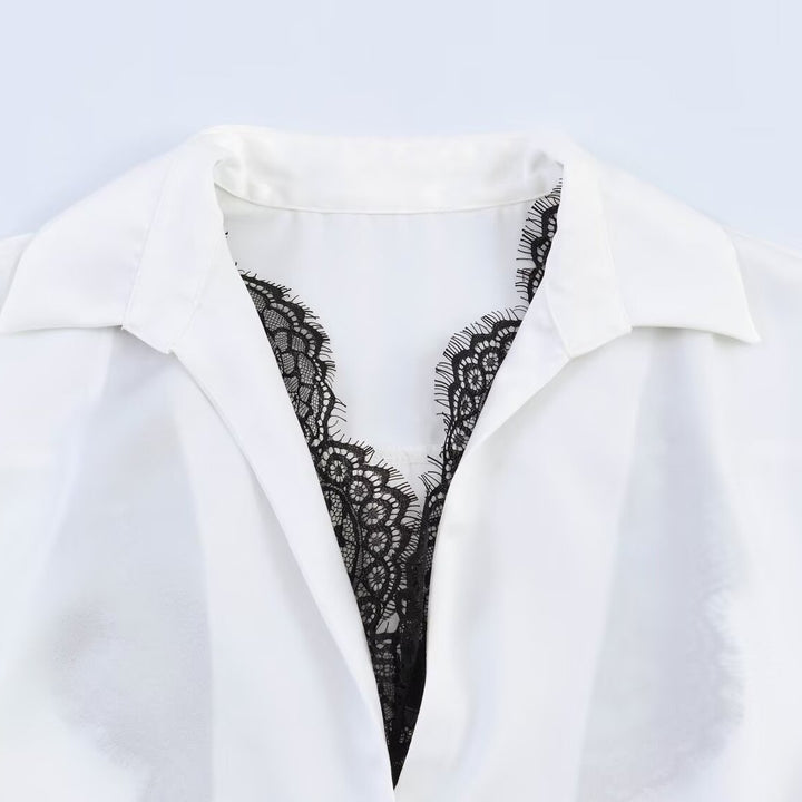 Damen Seidige Oversize-Bluse mit Spitzeneinsatz und Hemdkragen Drune