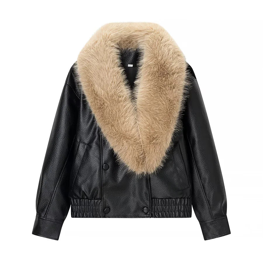 Damen nan kurz geschnittener Kunstleder-Blouson mit voluminösem Kunstfell-Schalkragen Drune