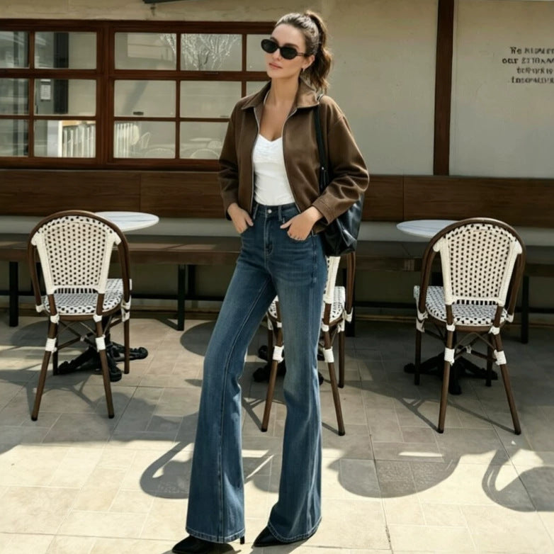 Damen Kurzblouson in Veloursleder-Optik mit Frontreißverschluss und Hemdkragen Drune