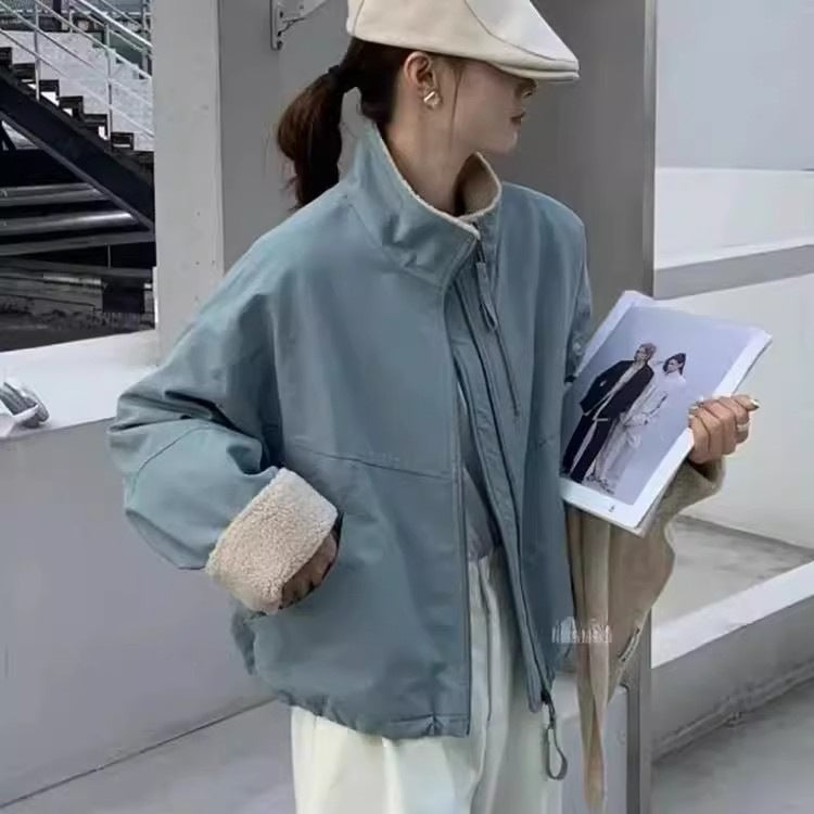 Damen Kurze Oversize Bomberjacke mit Teddyfutter an Bündchen und Stehkragen Drune