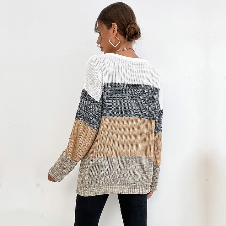 Damen Oversize Farbblock Strickpullover mit Rundhalsausschnitt und Rippbündchen Drune