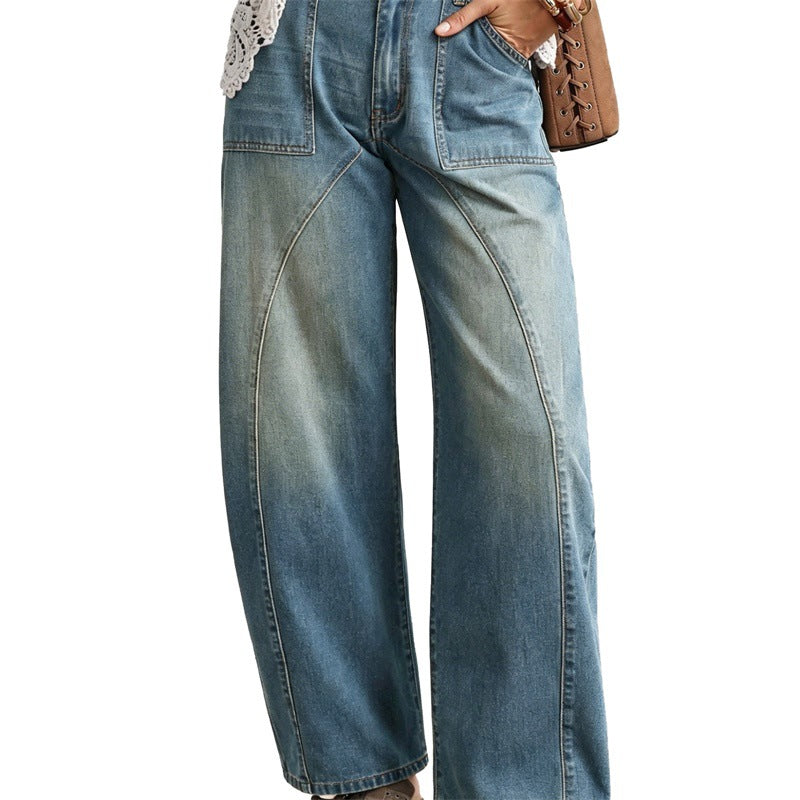 Damen Weite hochgeschnittene Jeans mit geschwungenen Nahtdetails und aufgesetzten Taschen Drune