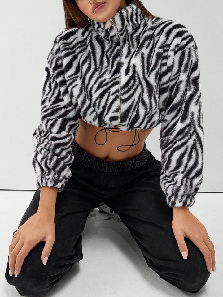 Damen cropped Fleece-Jacke mit modernem Zebra-Design und elastischen Bündchen Drune