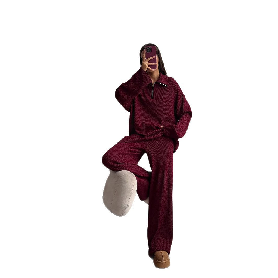 Damen Oversize Strick-Lounge-Set mit halbem Reißverschluss und weitem Bein Drune