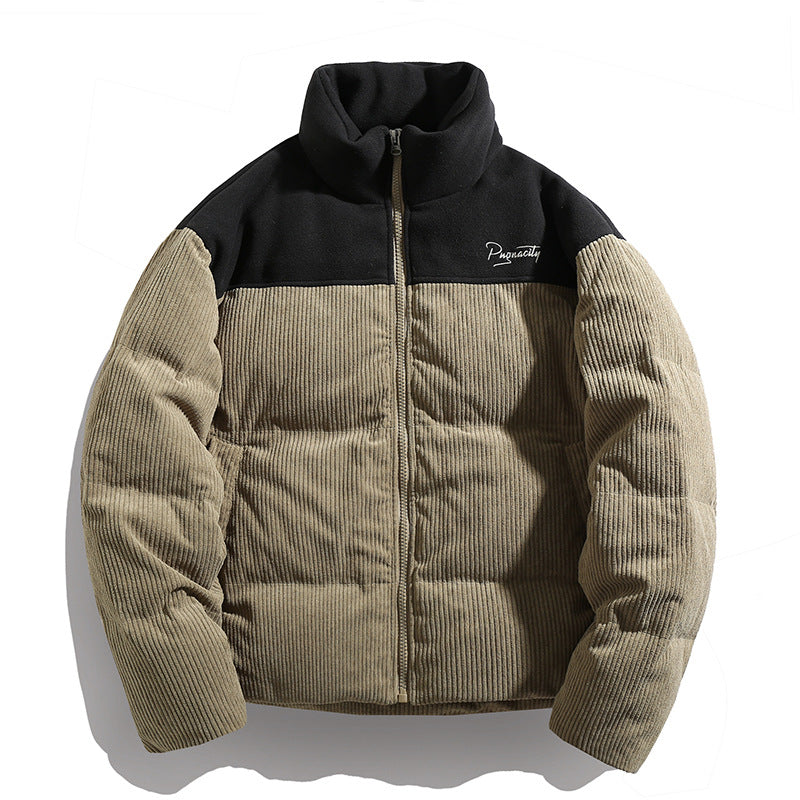 Unisex Wattierte Cord‑Steppjacke mit hohem Stehkragen und Kontrastoberteil Drune