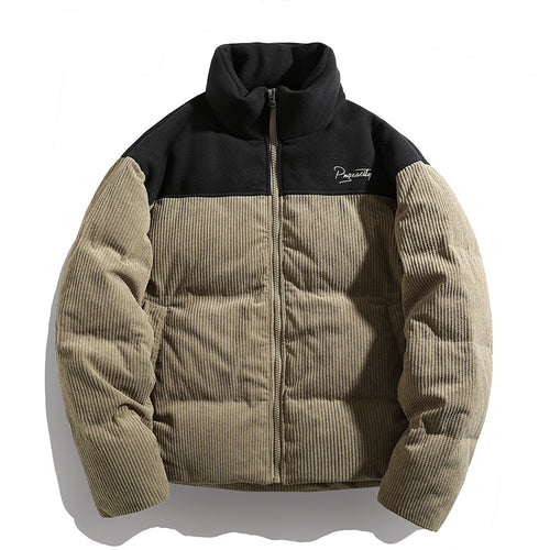 Unisex Wattierte Cord‑Steppjacke mit hohem Stehkragen und Kontrastoberteil Drune
