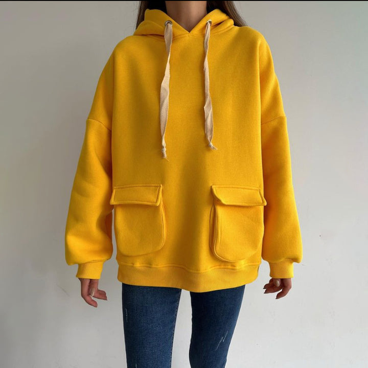 Damen nan Oversize-Kapuzenpullover mit aufgesetzten Klappentaschen und extra-langen Kordeln Drune