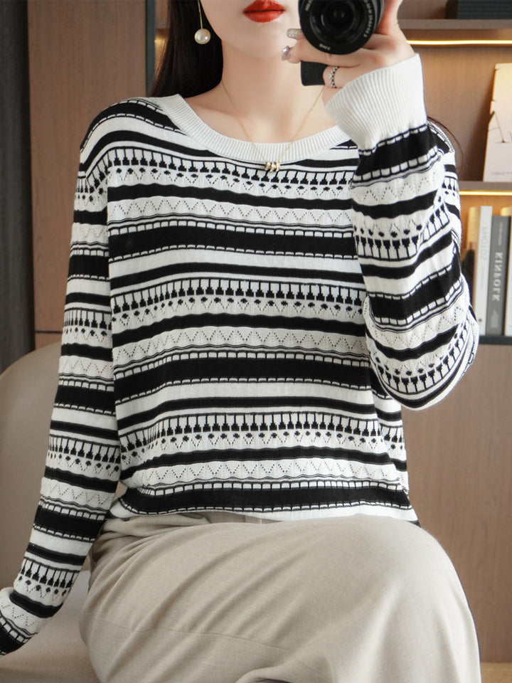 Damen Leichter Rundhals-Feinstrickpullover mit geometrischem Ajourstreifenmuster Drune