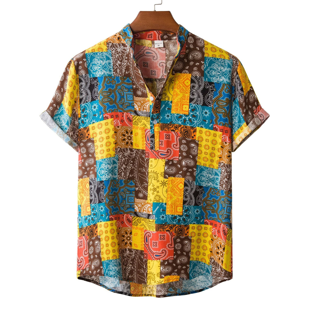 Herren Kurzarmhemd im bunten Patchwork-Design mit Henley-Ausschnitt Drune